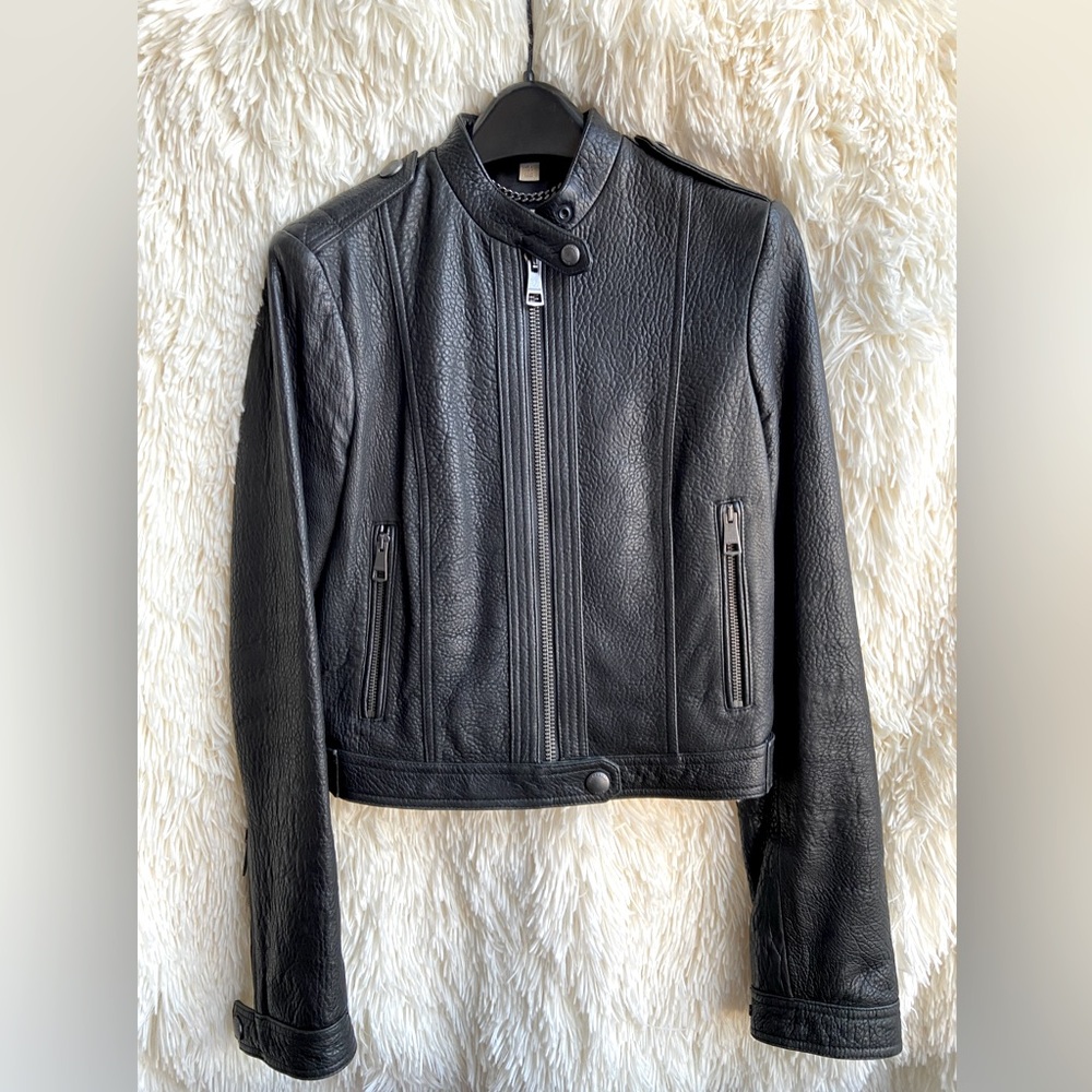 Burberry Brit Women’s Pebble Grain Lambskin Leather Crop Jacket